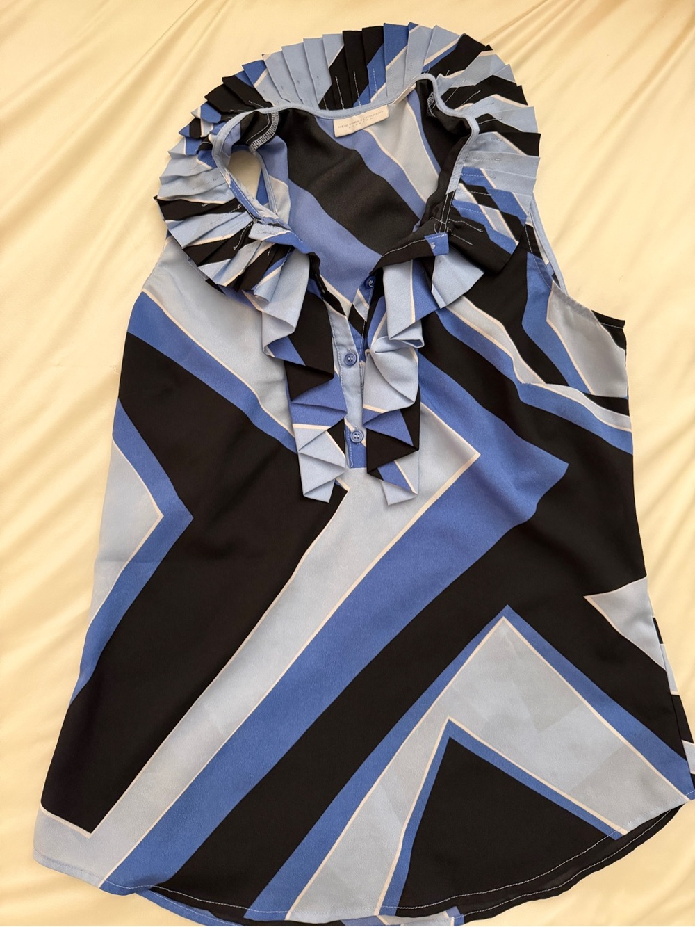 New York & Company Blue and Black Ruffle Collar Geometric Sleeveless Camisole